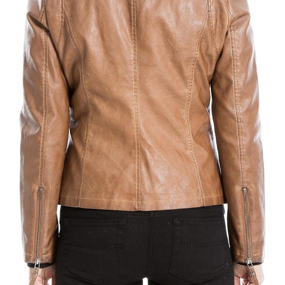 Max Studio Tan Leather Moto Jacket Fitted Silhouette - Picture 6 of 16